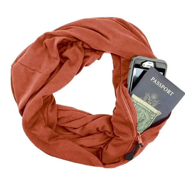 Pure Color Couple Warm Scarf Zipper Storage Convenience Pocket Scarf Red - Shop at LoveMi