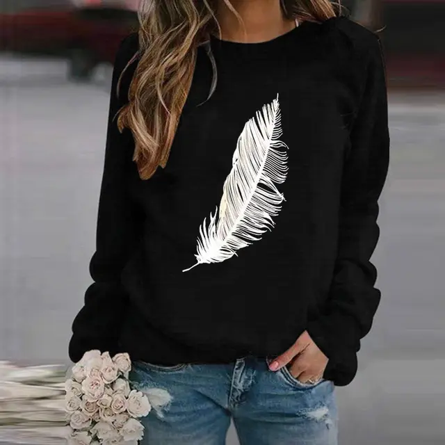Ladies feather print sweatshirt Black - Shop at LoveMi