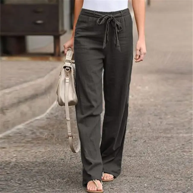 Elastic Waist Solid Color Cotton And Linen Wide leg Pants Loose Trousers Grey - Shop at LoveMi
