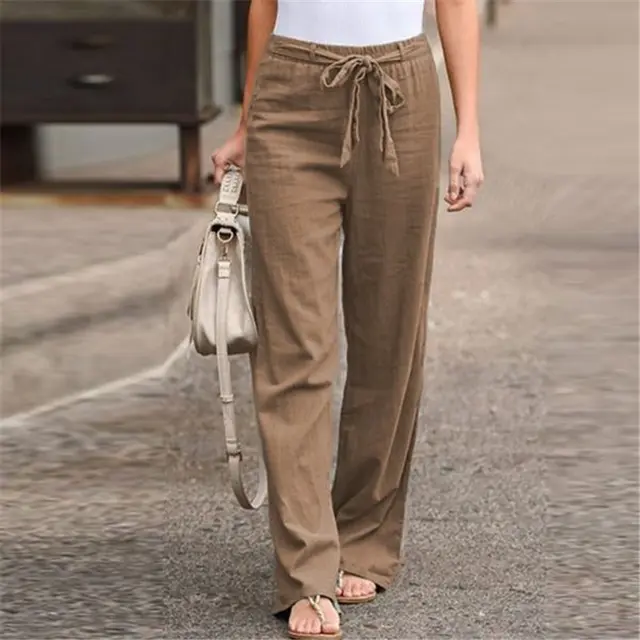 Elastic Waist Solid Color Cotton And Linen Wide leg Pants Loose Trousers Khaki - Shop at LoveMi