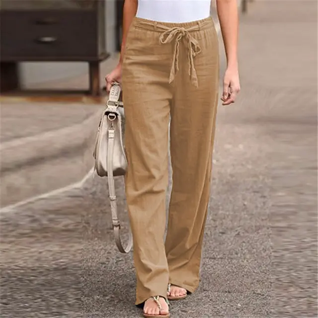 Elastic Waist Solid Color Cotton And Linen Wide leg Pants Loose Trousers Light Brown - Shop at LoveMi