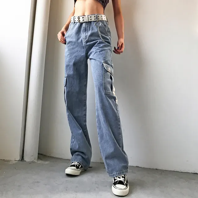 High waist multi pocket tooling jeans daddy pants Blue - Shop at LoveMi