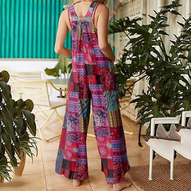 New Women's Ethnic Style Suspender Button Printing Jumpsuit Red - Shop at LoveMi