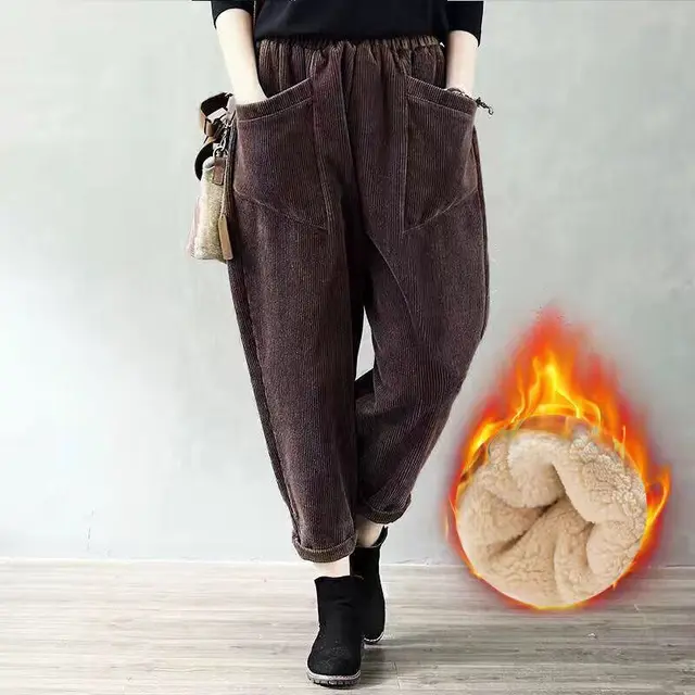 Women's Corduroy Casual High waist Loose Robe Pants Plus Velvet Brown - Shop at LoveMi