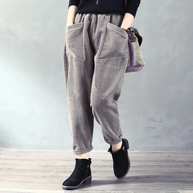 Women's Corduroy Casual High waist Loose Robe Pants Spring And Grey - Shop at LoveMi