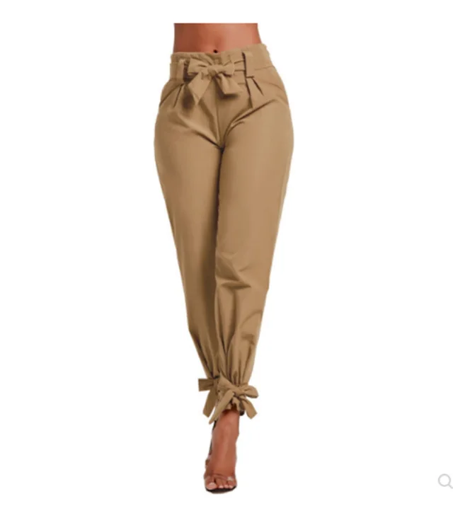 Bowknot high waist casual trousers Khaki - Shop at LoveMi