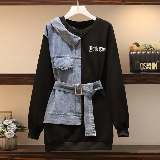 New large women's sweater dress denim stitching Black - Shop at LoveMi