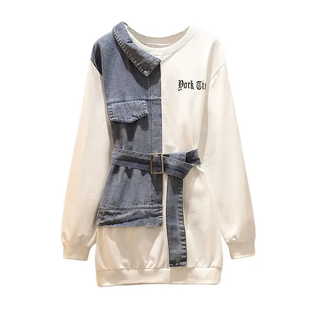 New large women's sweater dress denim stitching White - Shop at LoveMi