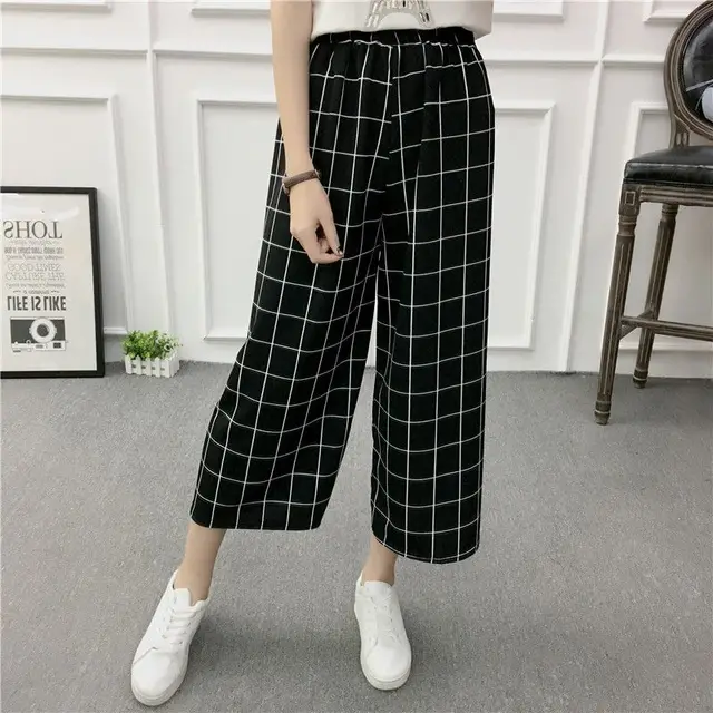 Wide leg pants Loose flared pants High waist Large Grid - Shop at LoveMi