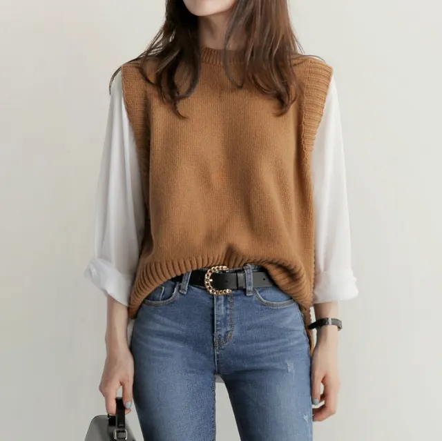 Round neck waistcoat knit vest Brown - Shop at LoveMi