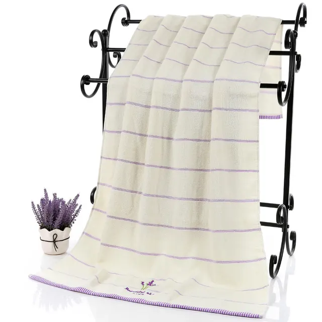 Lavender Soft Absorbent Embroidered Striped Bath Towel White - Shop at LoveMi