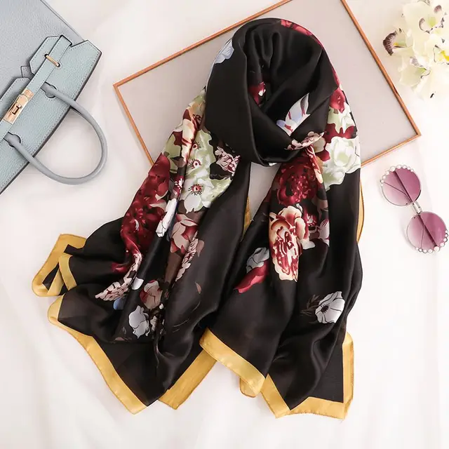Elegant And Atmospheric Scarf For Women, Fashion Imitation Silk Air Conditioning Shawl Black - Shop at LoveMi