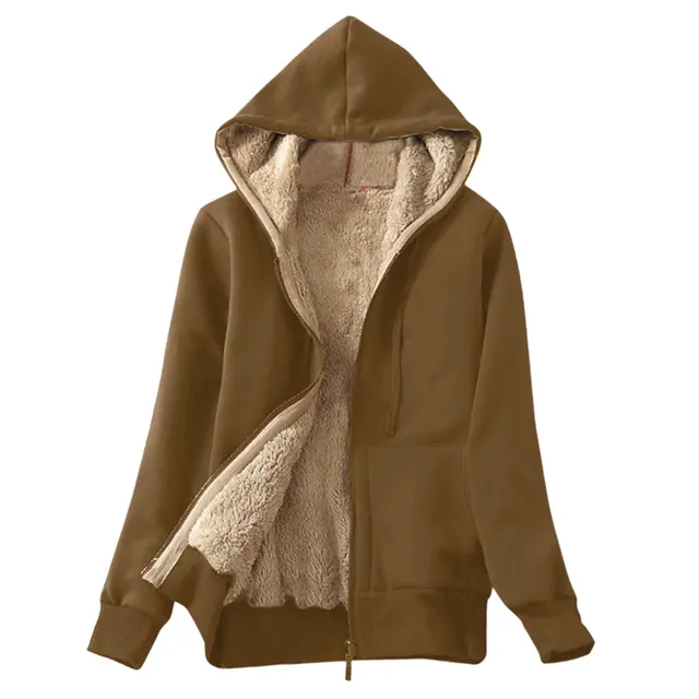 Plush hooded long sleeved sweater plush coat top Khaki - Shop at LoveMi