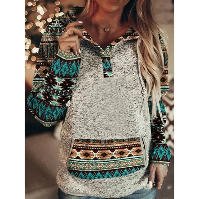 European and American loose print hit color long sleeved pullover hooded ladies sweater Green - Shop at LoveMi