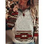 European and American loose print hit color long-sleeved pullover hooded ladies sweater - Red