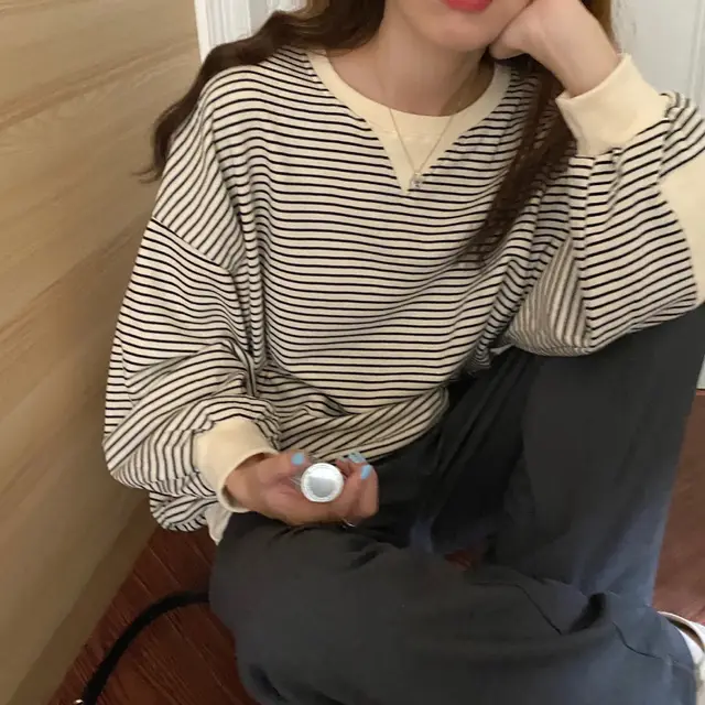 Striped loose and versatile long sleeved sweater Black - Shop at LoveMi