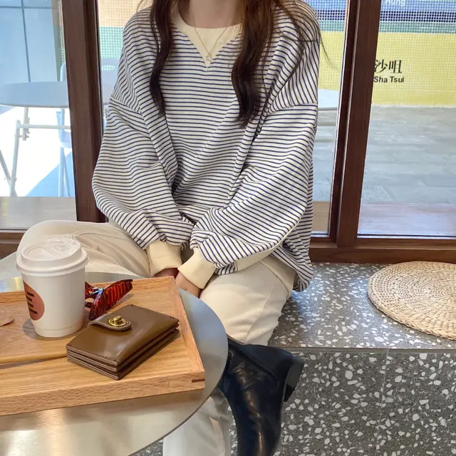 Striped loose and versatile long sleeved sweater Blue - Shop at LoveMi