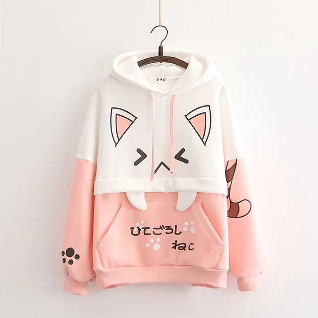Ladies Cat Stitching Contrast Color Plus Fleece Hooded Sweater Pink - Shop at LoveMi
