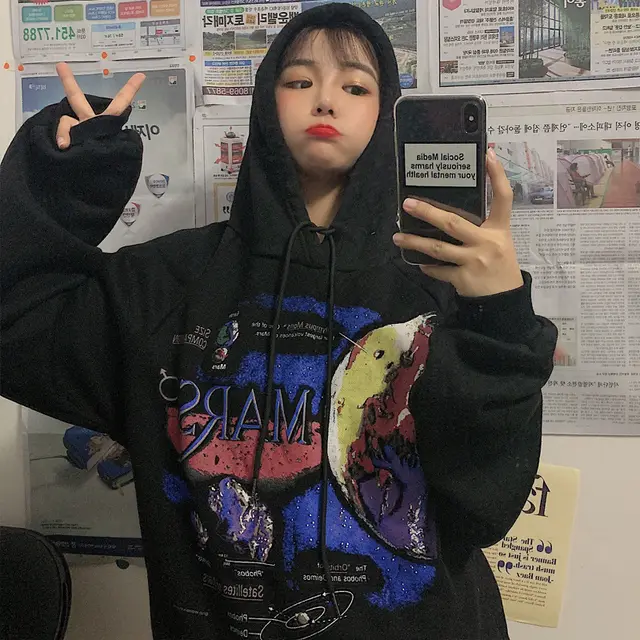 Harajuku Style Loose Print Hooded Thick Coat Black - Shop at LoveMi