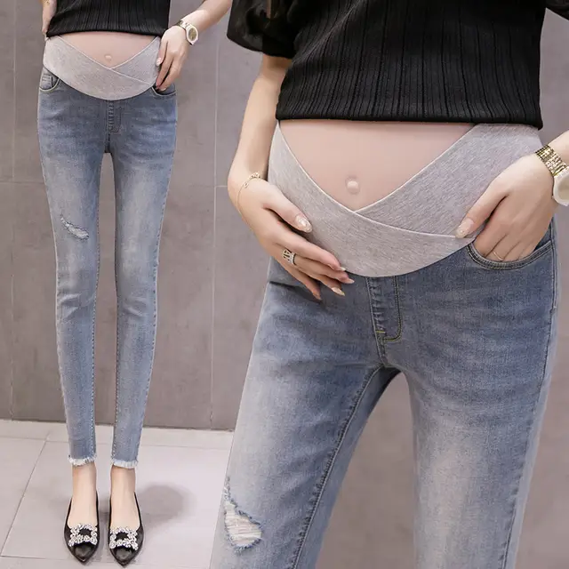 Maternity pants wear belly pants Blue - Shop at LoveMi