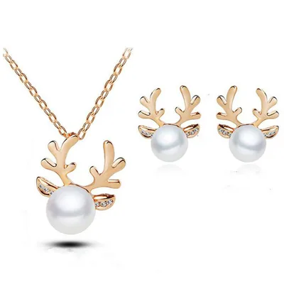 Europe and the United States foreign trade Pearl Necklace Earrings Set Diamond Wedding Jewelry Necklace Set bride antlers Gold - Shop at LoveMi