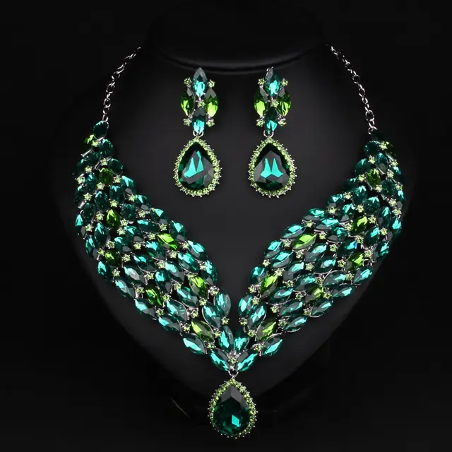 Europe and the United States fashion exaggerated full drill bridal dress accessories luxury clavicle chain suit accessories necklace Green - Shop at LoveMi
