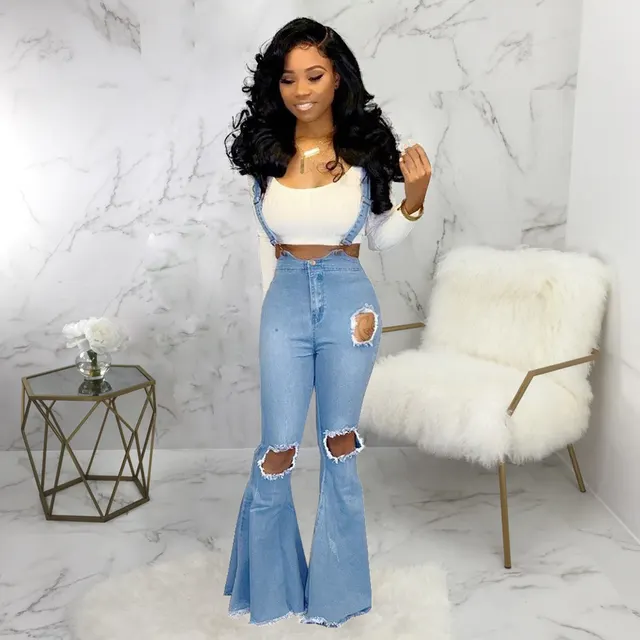 High waist denim flared pants with straps Light Blue - Shop at LoveMi