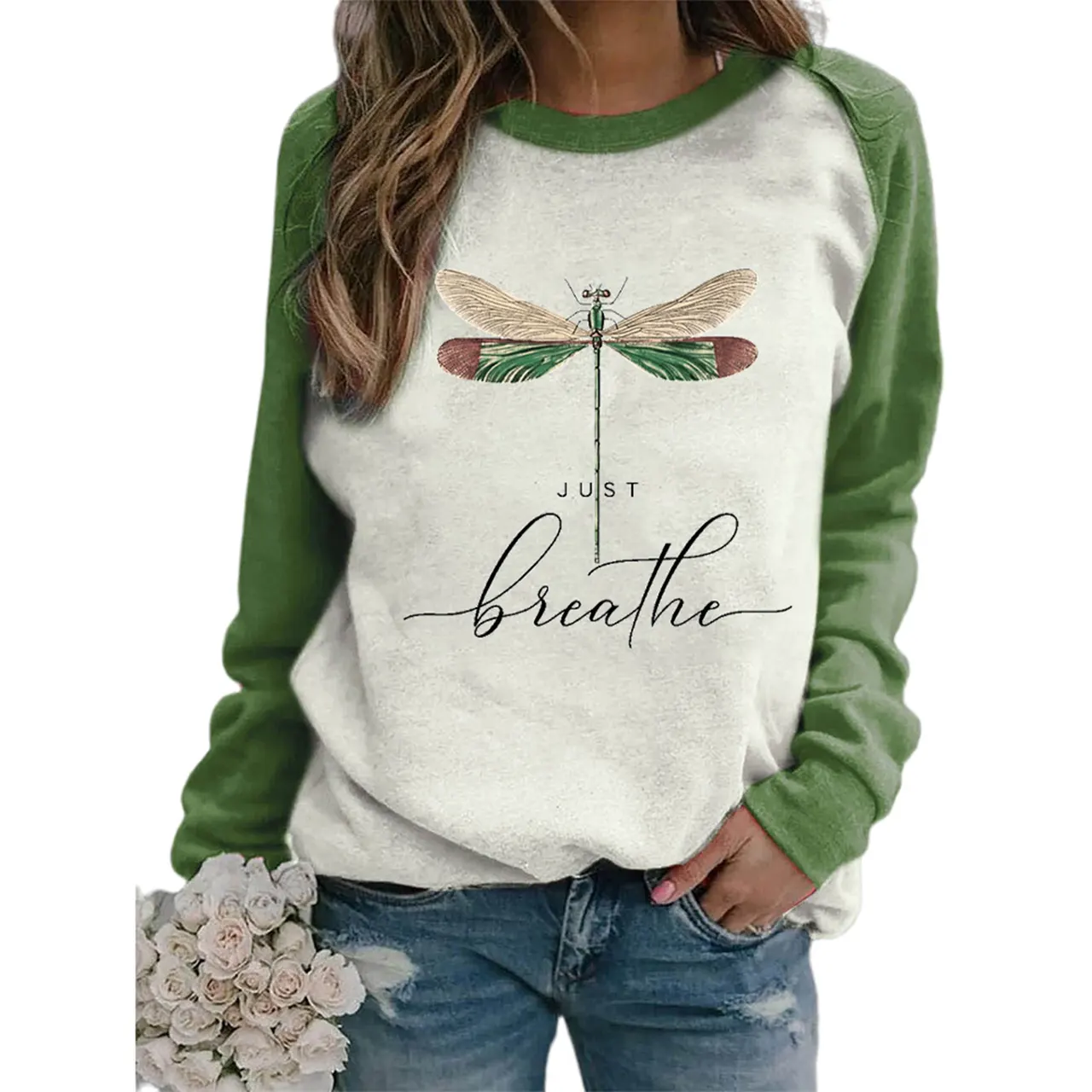 Dragonfly Print Round Neck Insert Long Sleeve Sweater