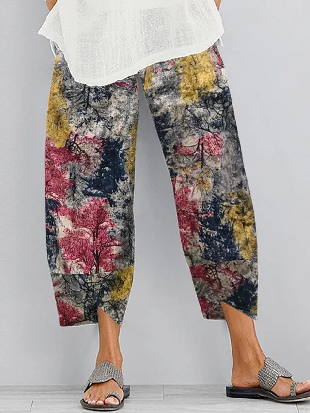 Cotton and linen printed cropped trousers Black - Shop at LoveMi