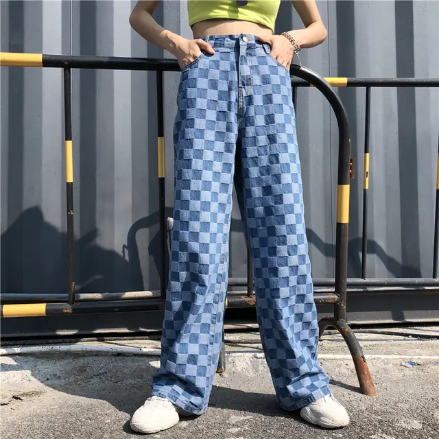 Blue Plaid Checkerboard High Waist Wide Leg Pants Women Hip Hop Loose Straight Pantalon Femme Trousers Punk Bottom Harem Pants Blue - Shop at LoveMi