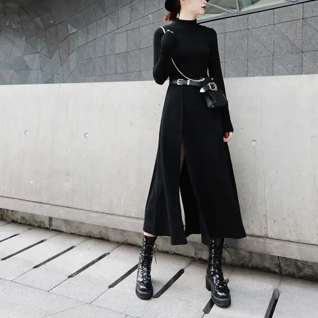 New style brushed cotton split dress Black - Shop at LoveMi