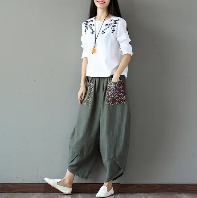 Cotton Linen Loose Trousers Women Wide Leg Pants Green - Shop at LoveMi