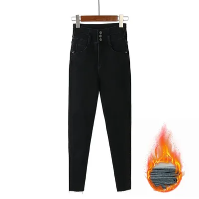 Fleece high waist jeans women's feet fall and winter L Velvet - Shop at LoveMi