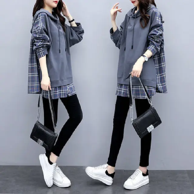 Plaid Stitching Fake Two Piece Hooded Sweater Women Blue Gray - Shop at LoveMi