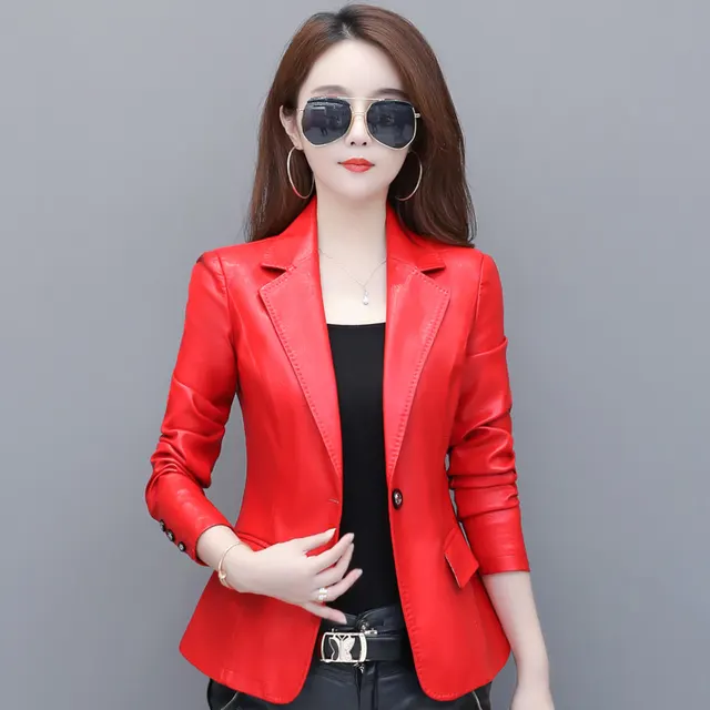 Suit collar small leather jacket Red - Shop at LoveMi