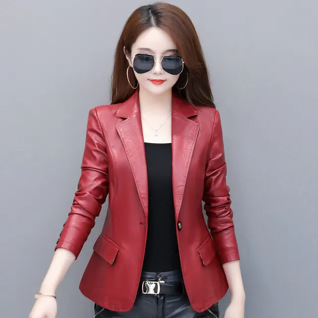 Suit collar small leather jacket Wine Red - Shop at LoveMi