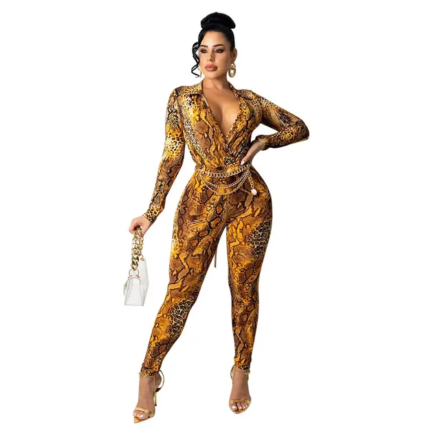 Sexy Snake Print Digital Print Long Sleeved Skinny Jumpsuit Gold - Shop at LoveMi