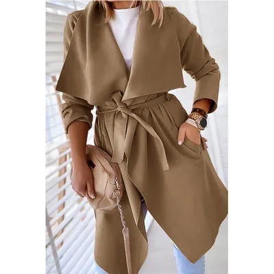 Lapel solid color long trench coat Brown - Shop at LoveMi