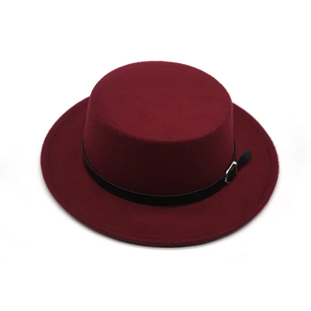 Pure Color Silver Buckle Belt Woolen Flat Top Hat Wine Red - Shop at LoveMi