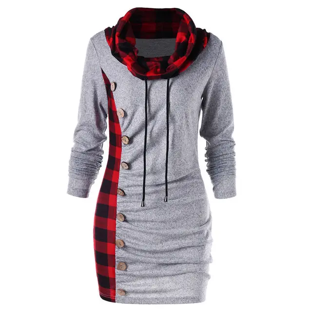 Plaid stitching button decoration bag hip sweater Grey - Shop at LoveMi
