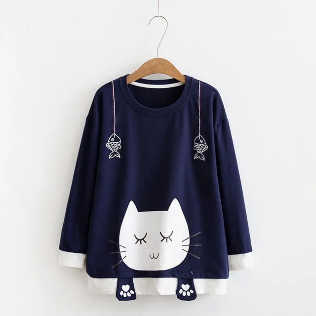 Cute Cat Fishing Long Sleeve Student Cute T shirt Navy Blue - Shop at LoveMi