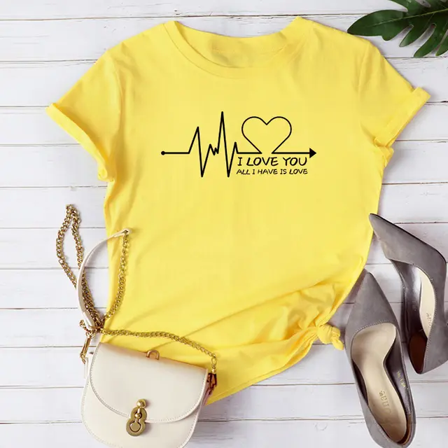 Women's casual personality round neck electrographic print t shirt Yellow - Shop at LoveMi
