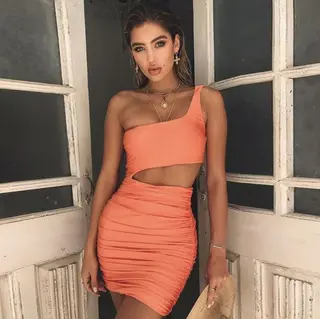 Slim One-shoulder Short Dress Sexy Fashion Hollow Mini Dresses For Women - Orange - View 1