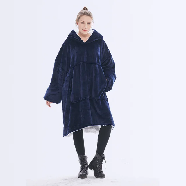 Hooded ladies double layer sweater flannel lazy pullover Navy Blue - Shop at LoveMi
