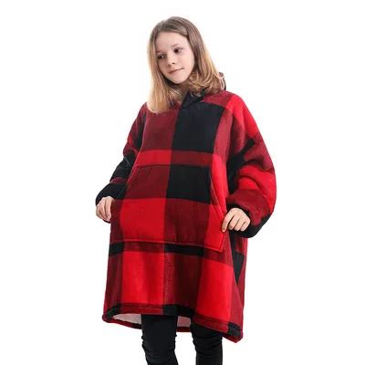 Hooded ladies double layer sweater flannel lazy pullover Red Grid - Shop at LoveMi