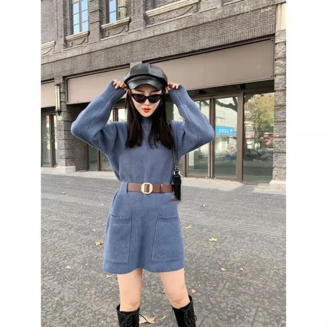 Knit bottoming dress Blue - Shop at LoveMi