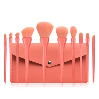 Candy color 10 cosmetic brushes set plastic short rod soft bristles - Red