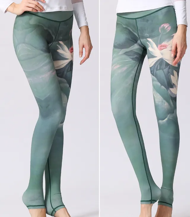 European and American yoga pants women's high waist print foot pants Green - Shop at LoveMi