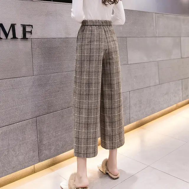 High waist plaid woolen wide leg pants Coffee Color Grid - Shop at LoveMi
