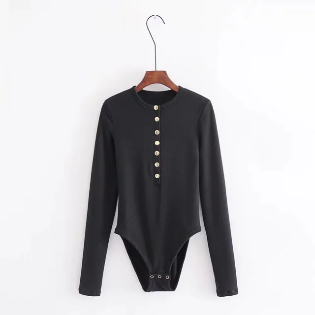 Long sleeved knitted bottoming shirt buttoned slim bodysuit Black - Shop at LoveMi